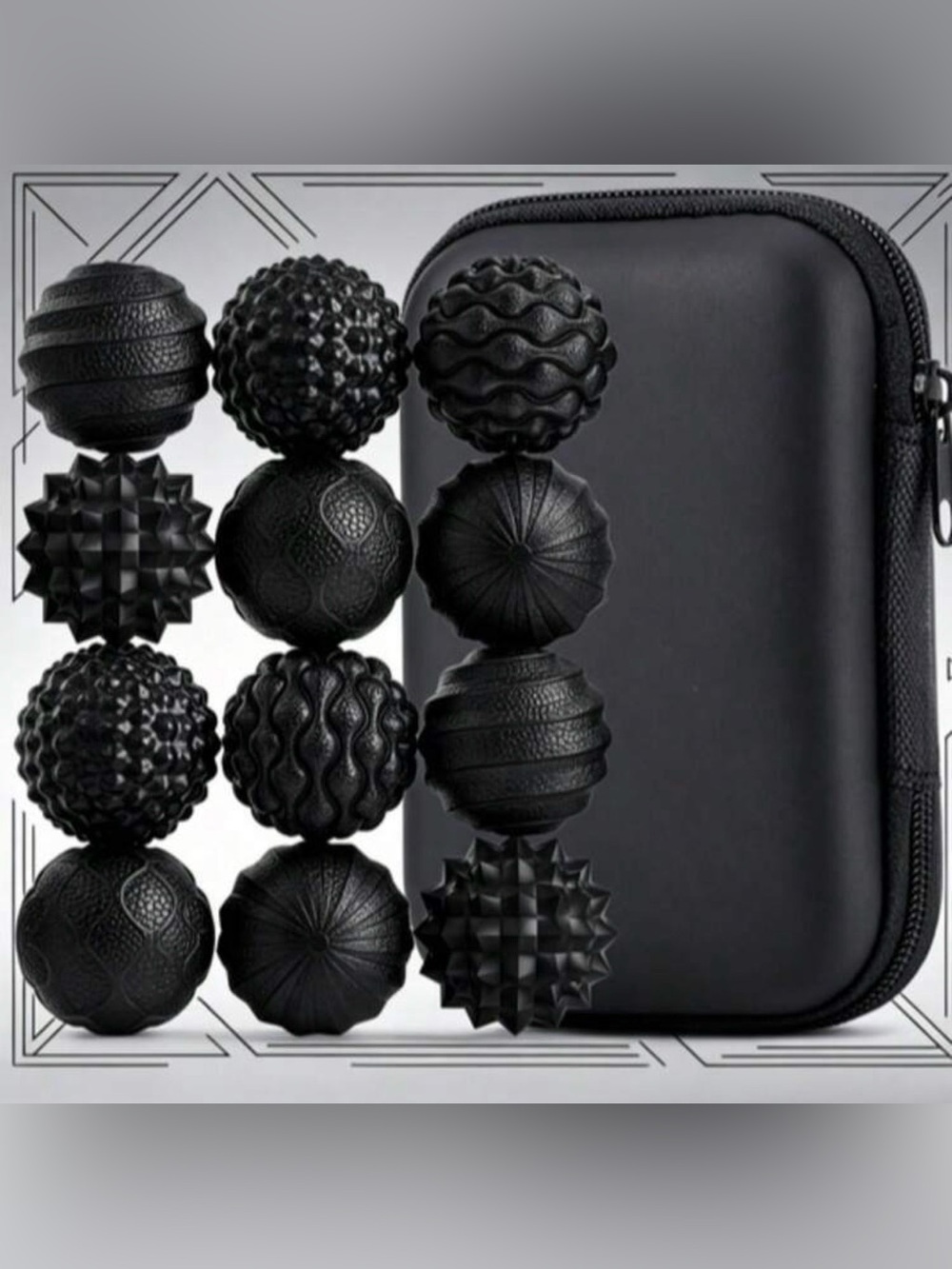 12 Textured, Fidget Magnetic Tactile Balls Zippered Case- Black-NEW